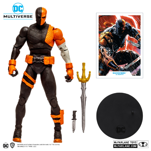 Deathstroke action figure with sword, dagger, and art card, on a black stand.