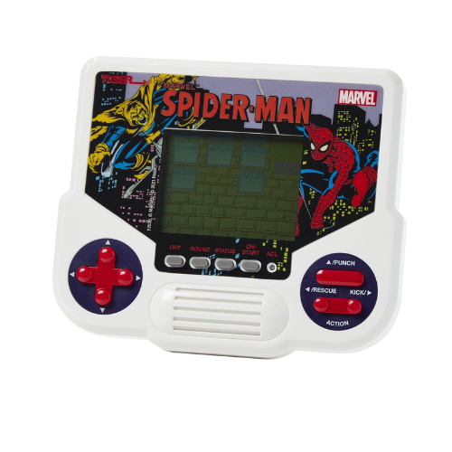 White Spider-Man handheld game console with a small screen, red cross-shaped directional pad, and action buttons.