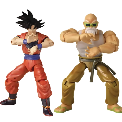Action figures of Goku and Master Roshi in fighting stances.