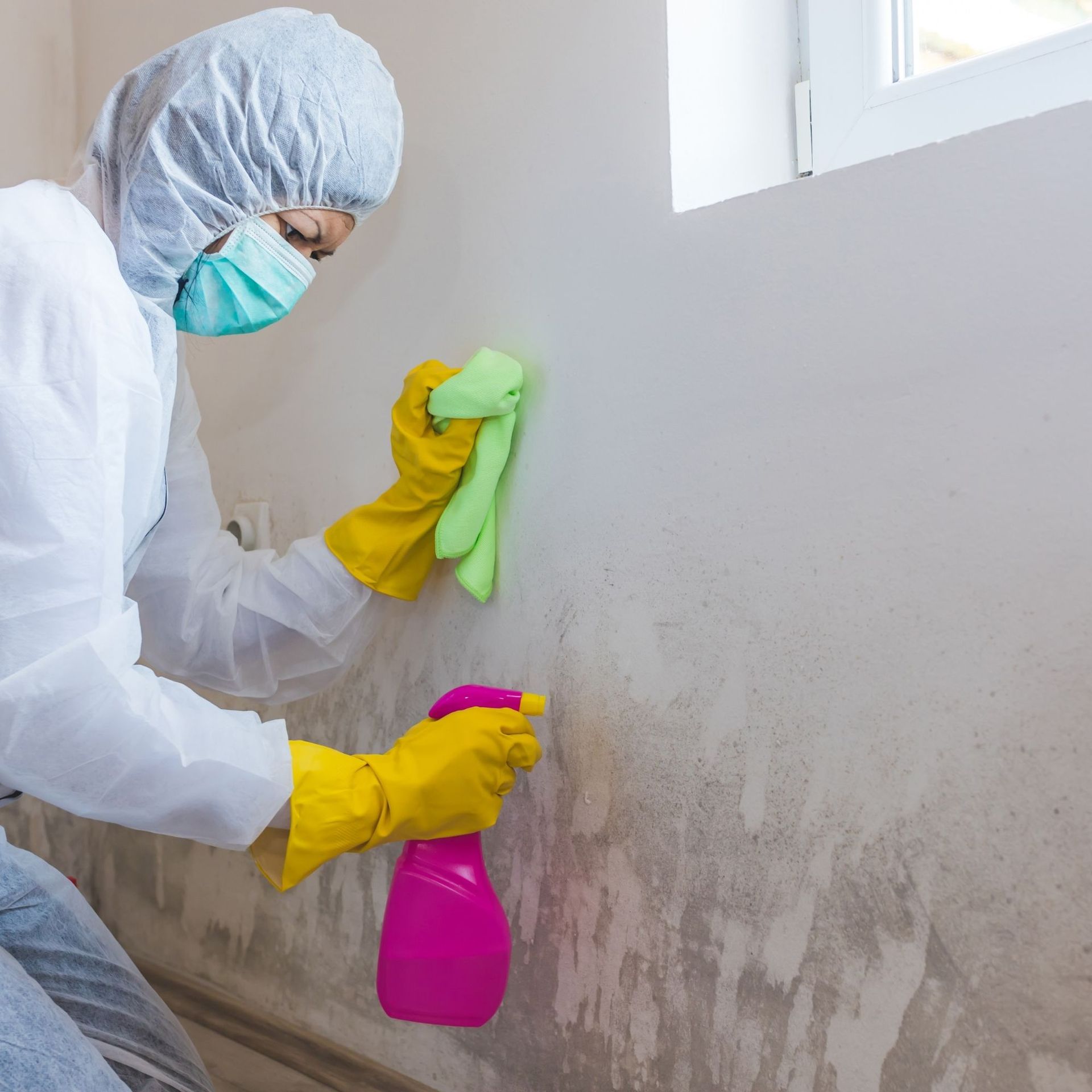 Mold Remediation Inc -A person wearing a mask and gloves is cleaning a wall with a spray bottle.