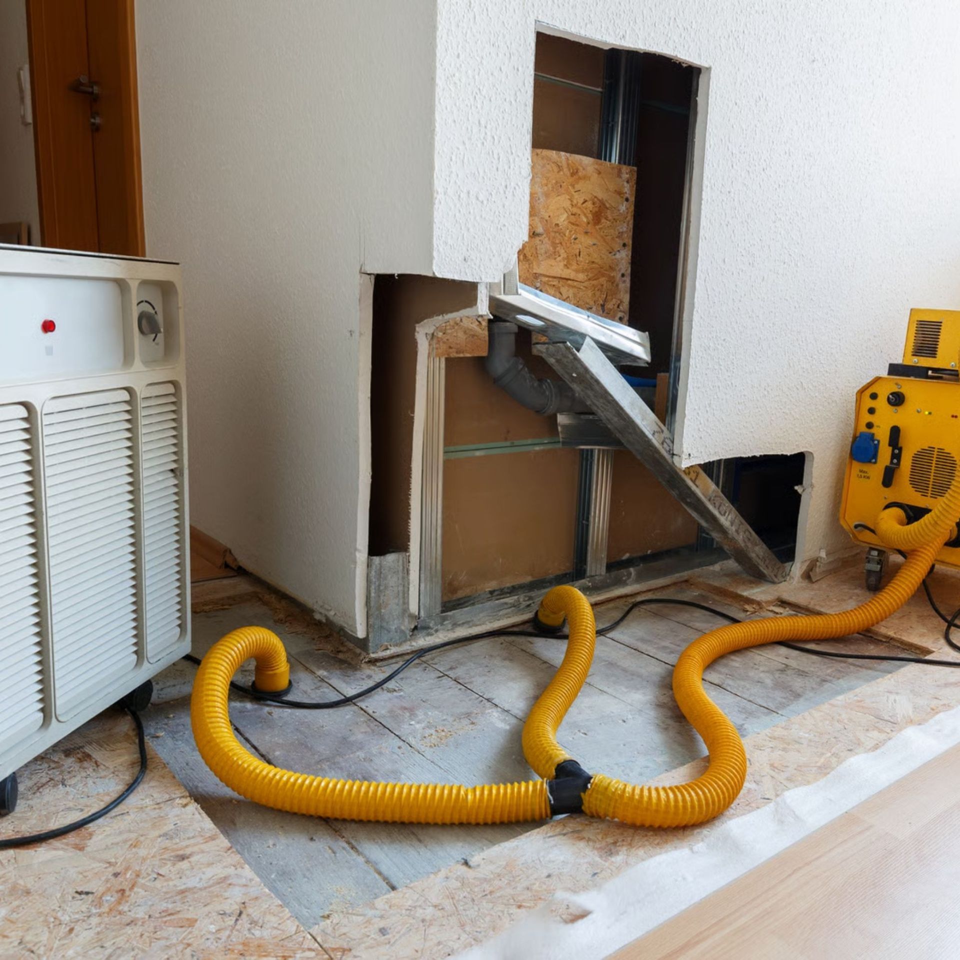 Mold Remediation Inc -A yellow hose is connected to a yellow fan