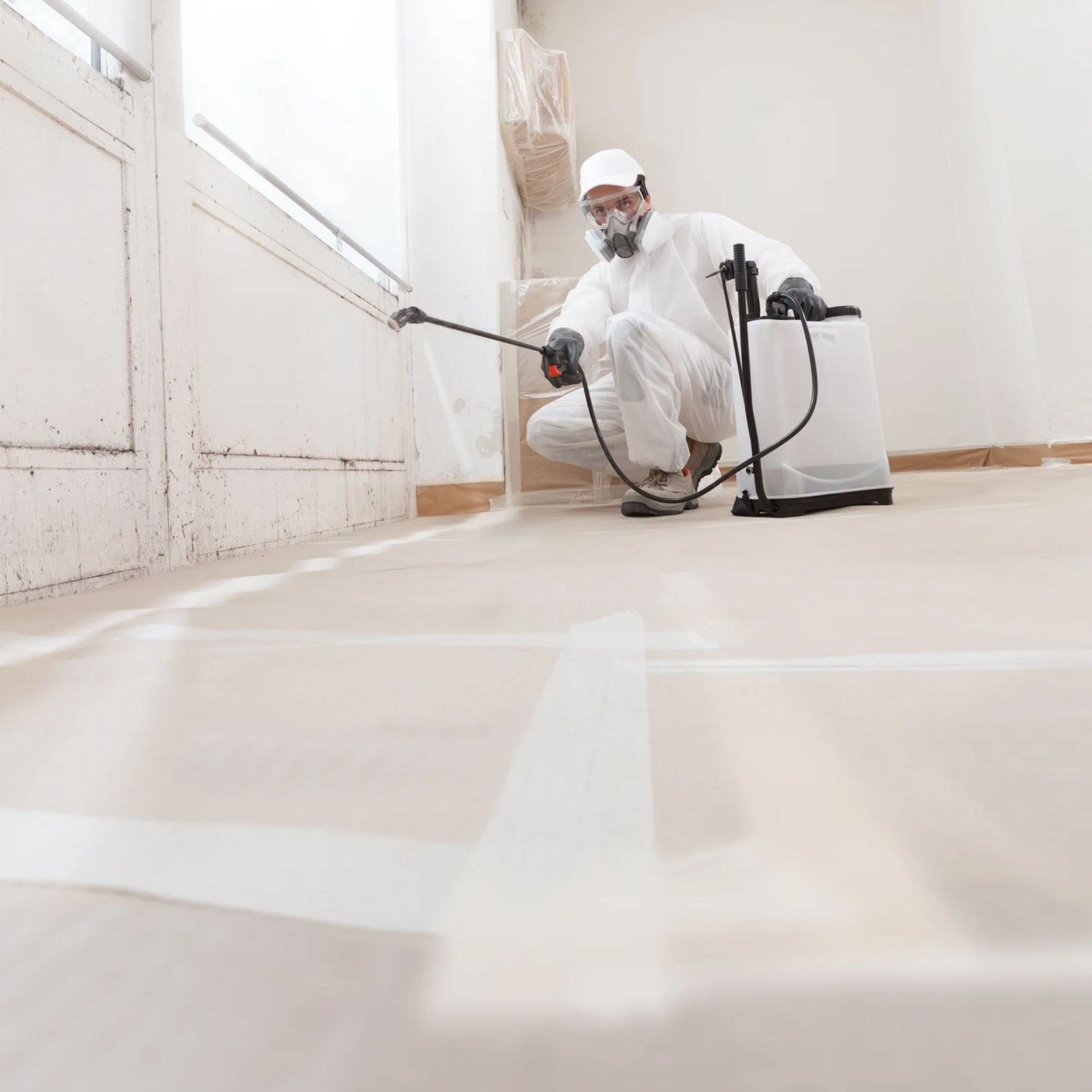 Mold Remediation Inc -A man in a protective suit is spraying a room with a sprayer.