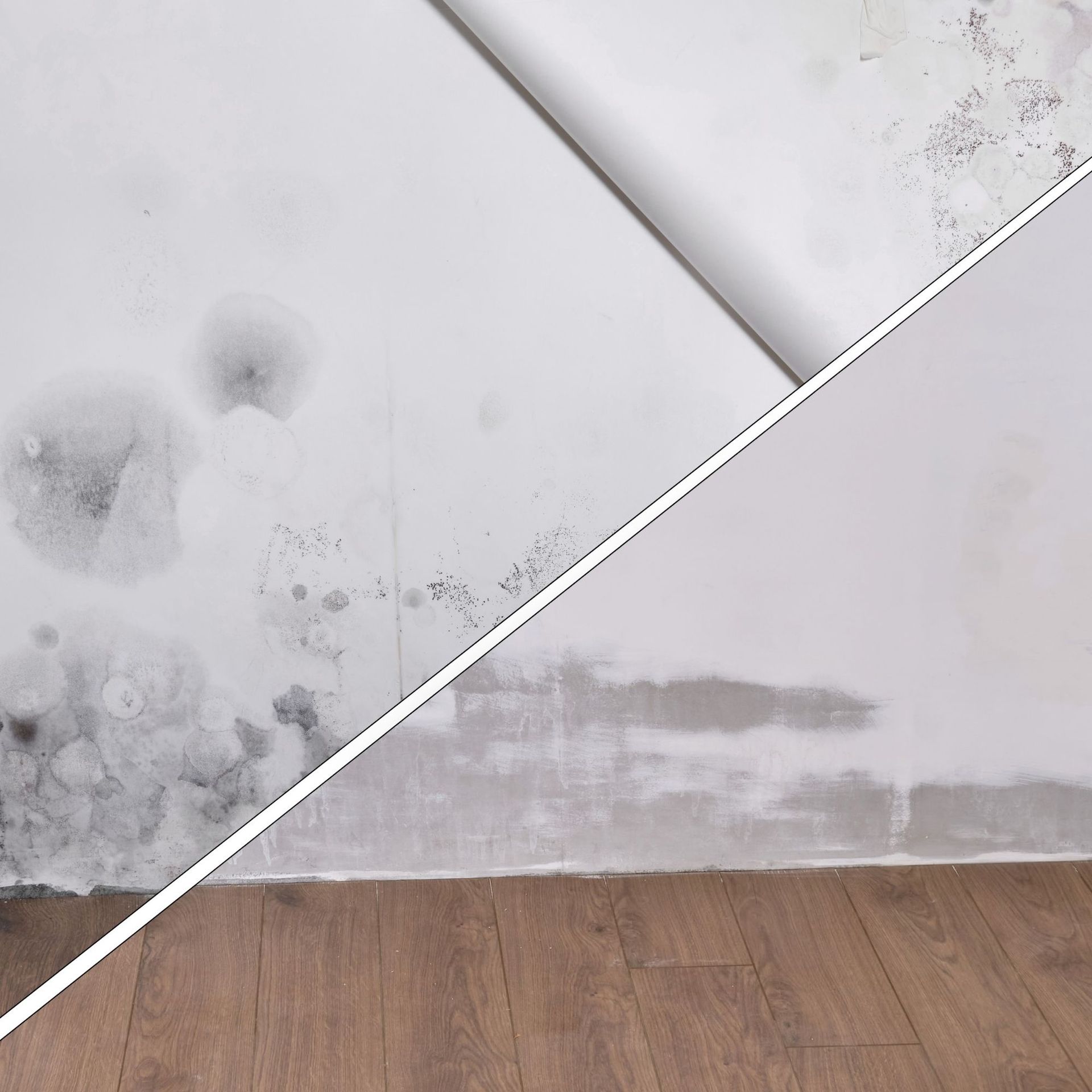 Mold Remediation Inc -A before and after picture of a wall with mold on it.