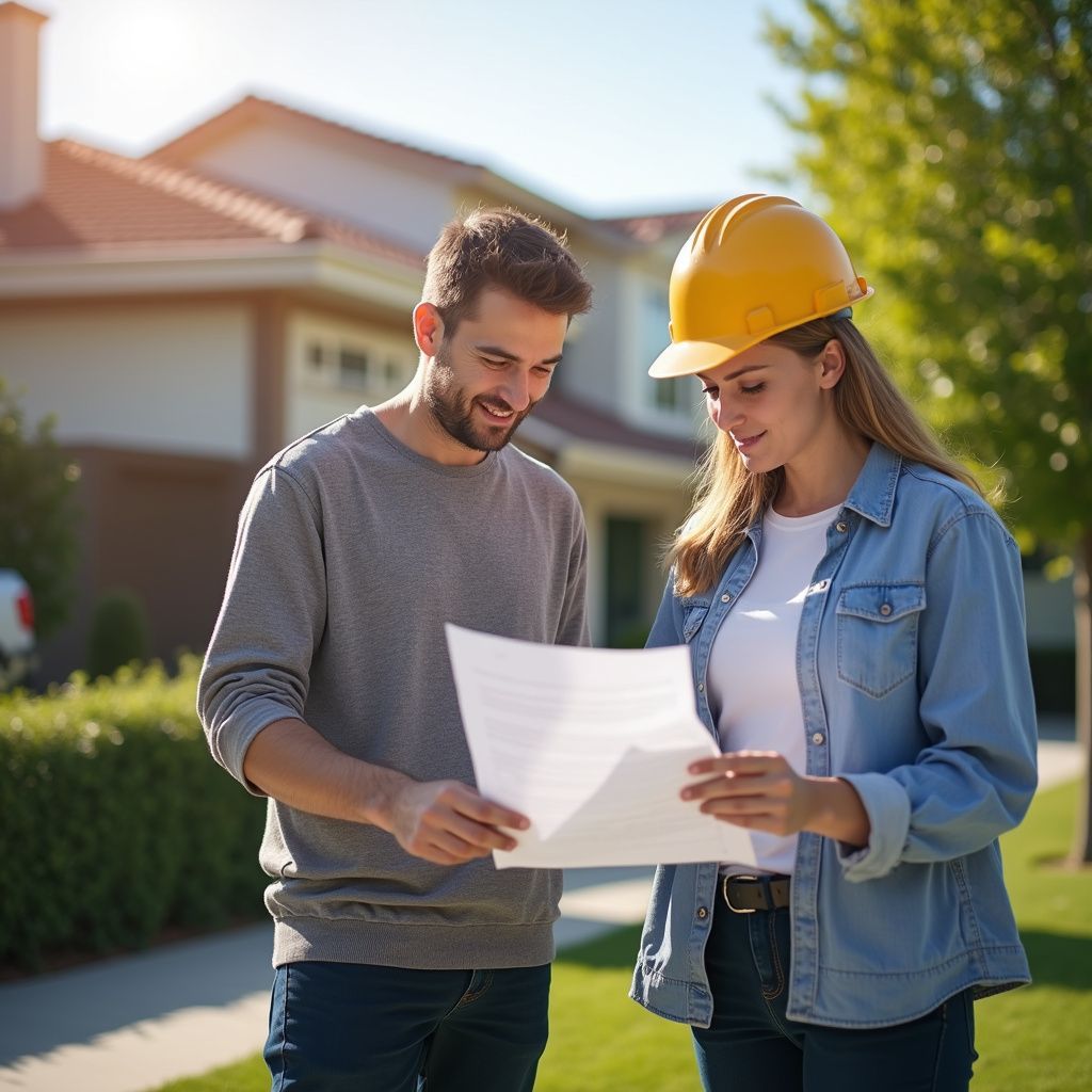 Man and woman looking at blueprints outdoors, woman wearing a yellow hardhat.