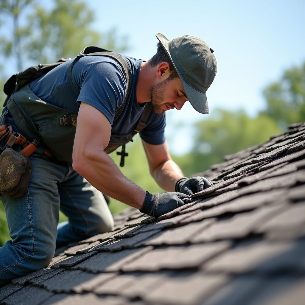 Roofer kneeling on a rooftop, inspecting shingles, wearing work gear and a hat.
