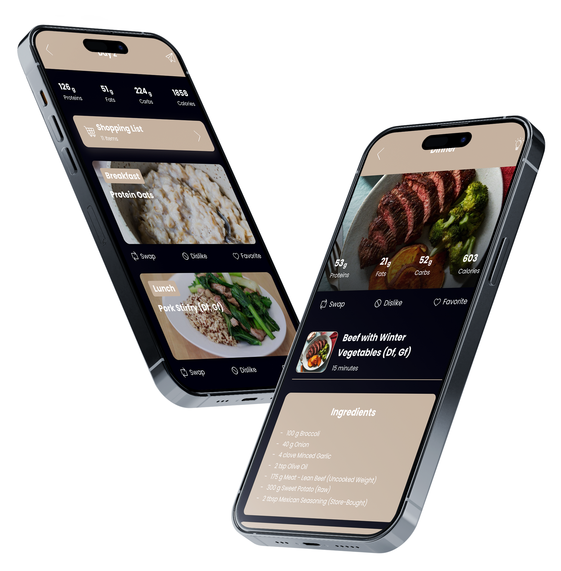 Two phones are displaying different types of food on their screens.