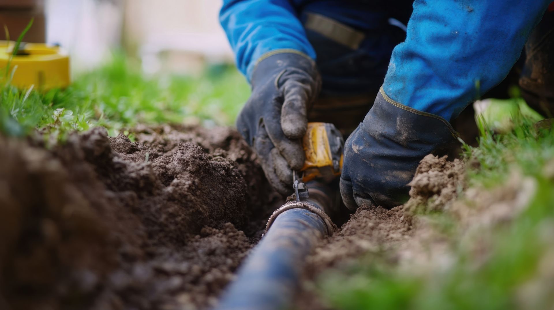 Hands wearing gloves connecting a black pipe in a trench, next to some grass.