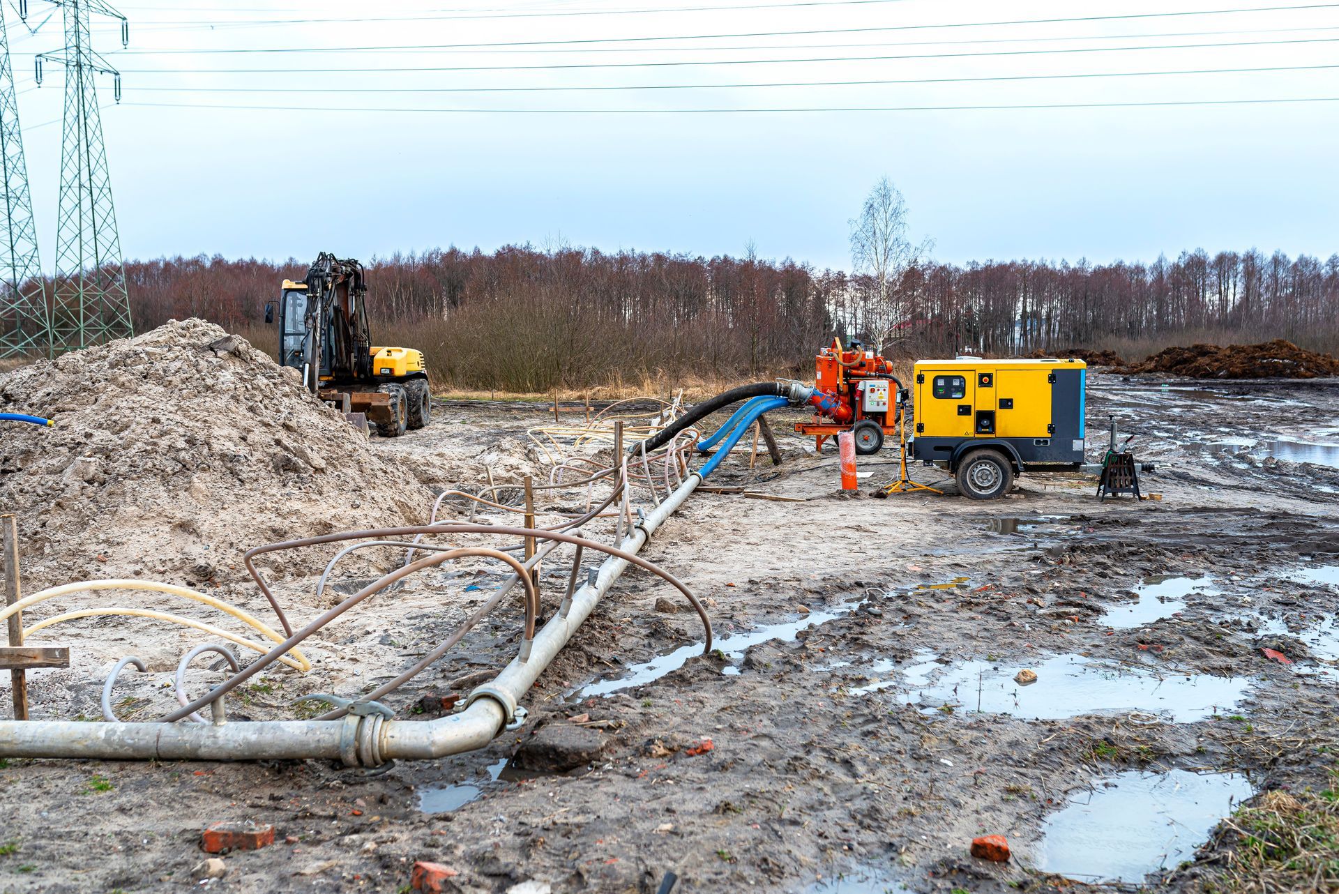 Construction site with an excavator, pump, generator, and muddy ground.
