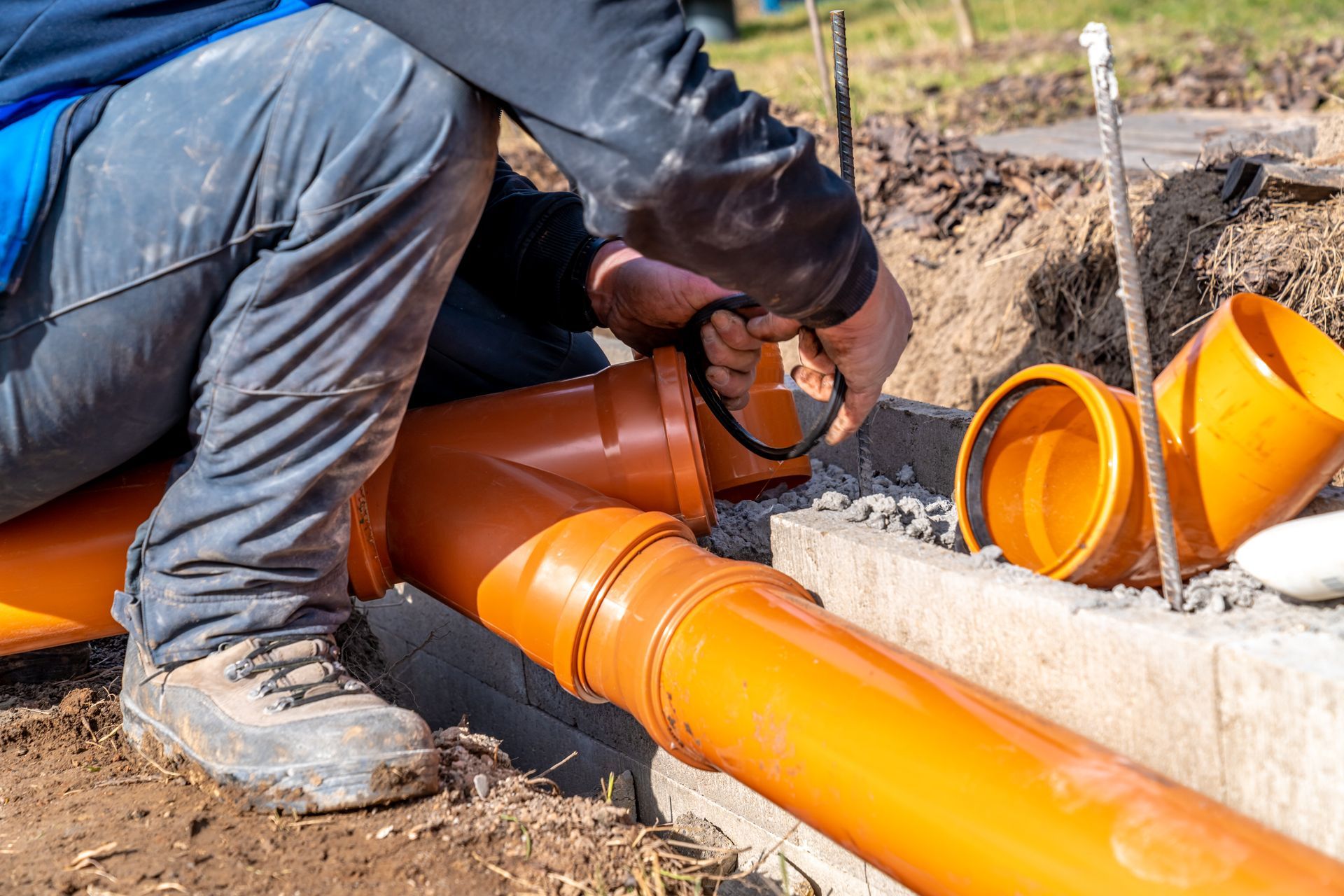 Man installing orange PVC pipes in trench outdoors.