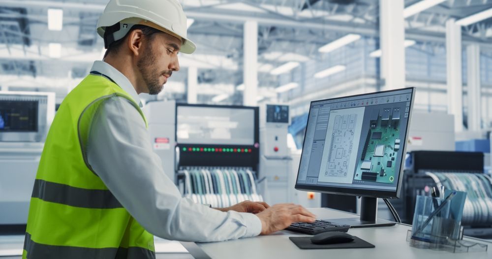 Engineer in a hard hat and safety vest working at computer monitors in a factory control room