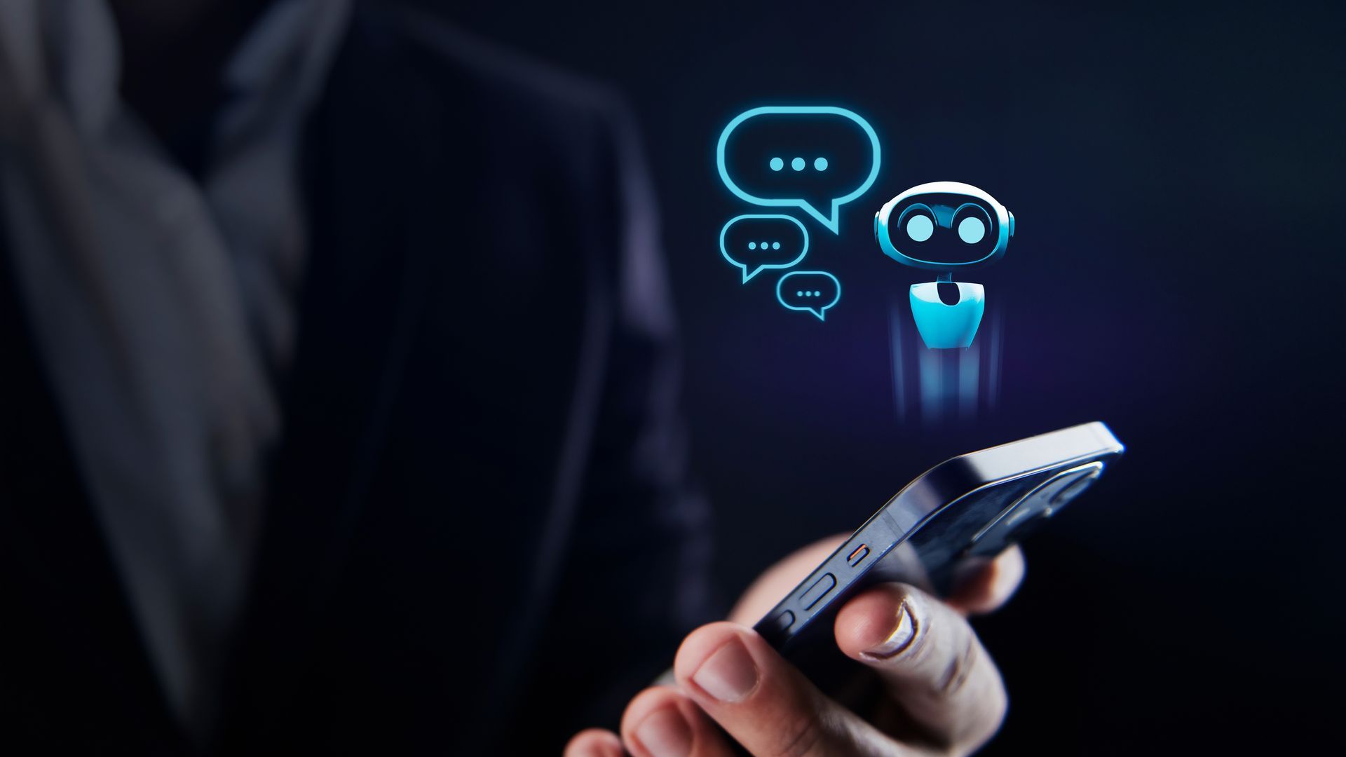 A person is holding a cell phone with a robot coming out of it.