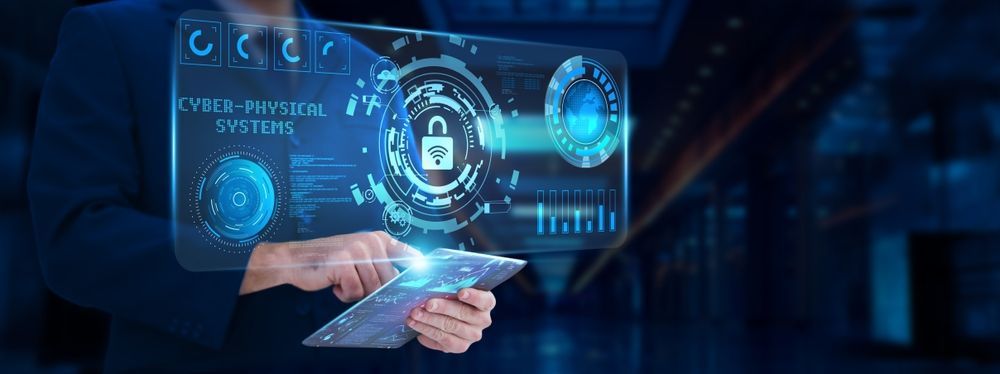 A man is holding a tablet and using a futuristic screen with a padlock on it.