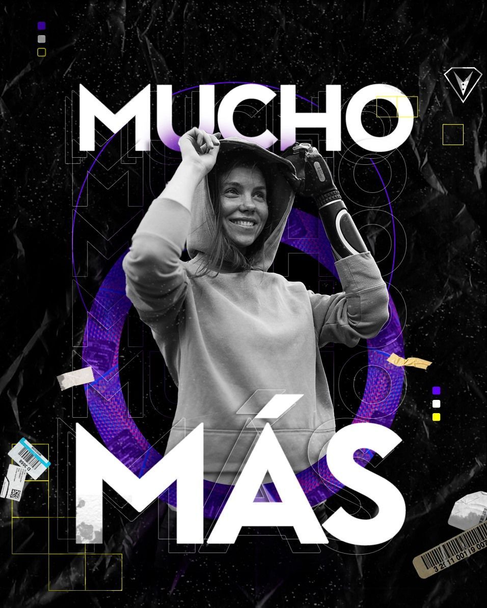 Mujer con sudadera con capucha y brazo protésico, dentro de un círculo morado con el texto