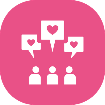 Tres figuras con bocadillos de diálogo que contienen corazones, sobre un fondo rosa.