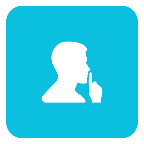 Silueta blanca de una persona con un dedo sobre los labios sobre un cuadrado azul.