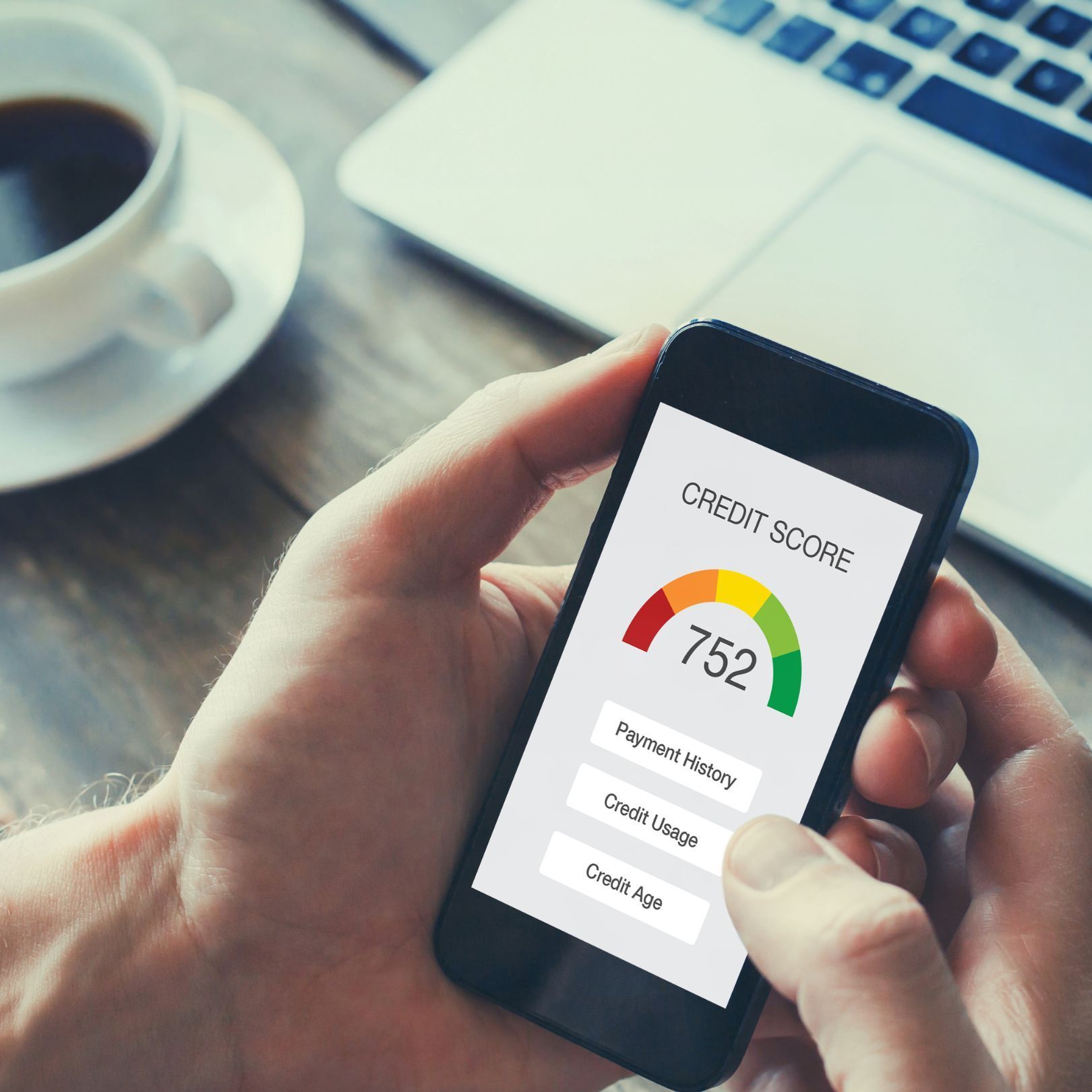 Hand holding a smartphone displaying a credit score of 752. A cup of coffee and laptop are in the background.