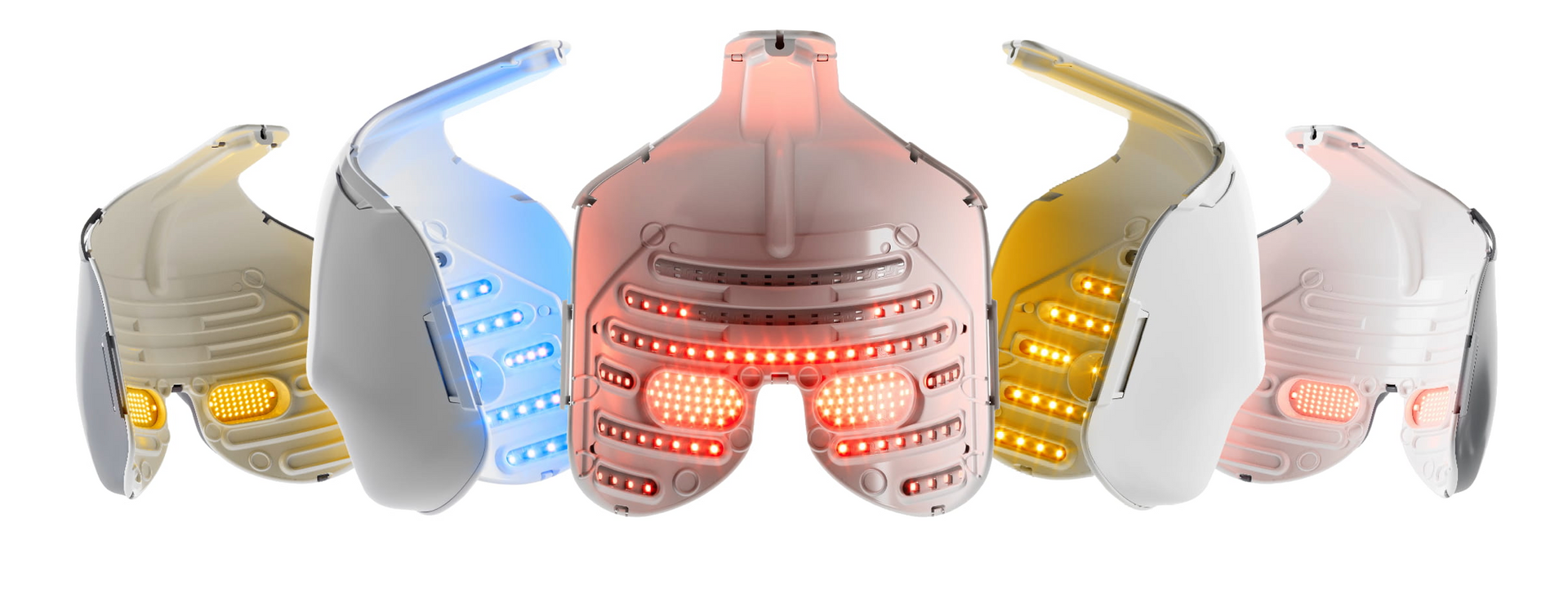 Cinque dispositivi per la fototerapia con luci di colori diversi.