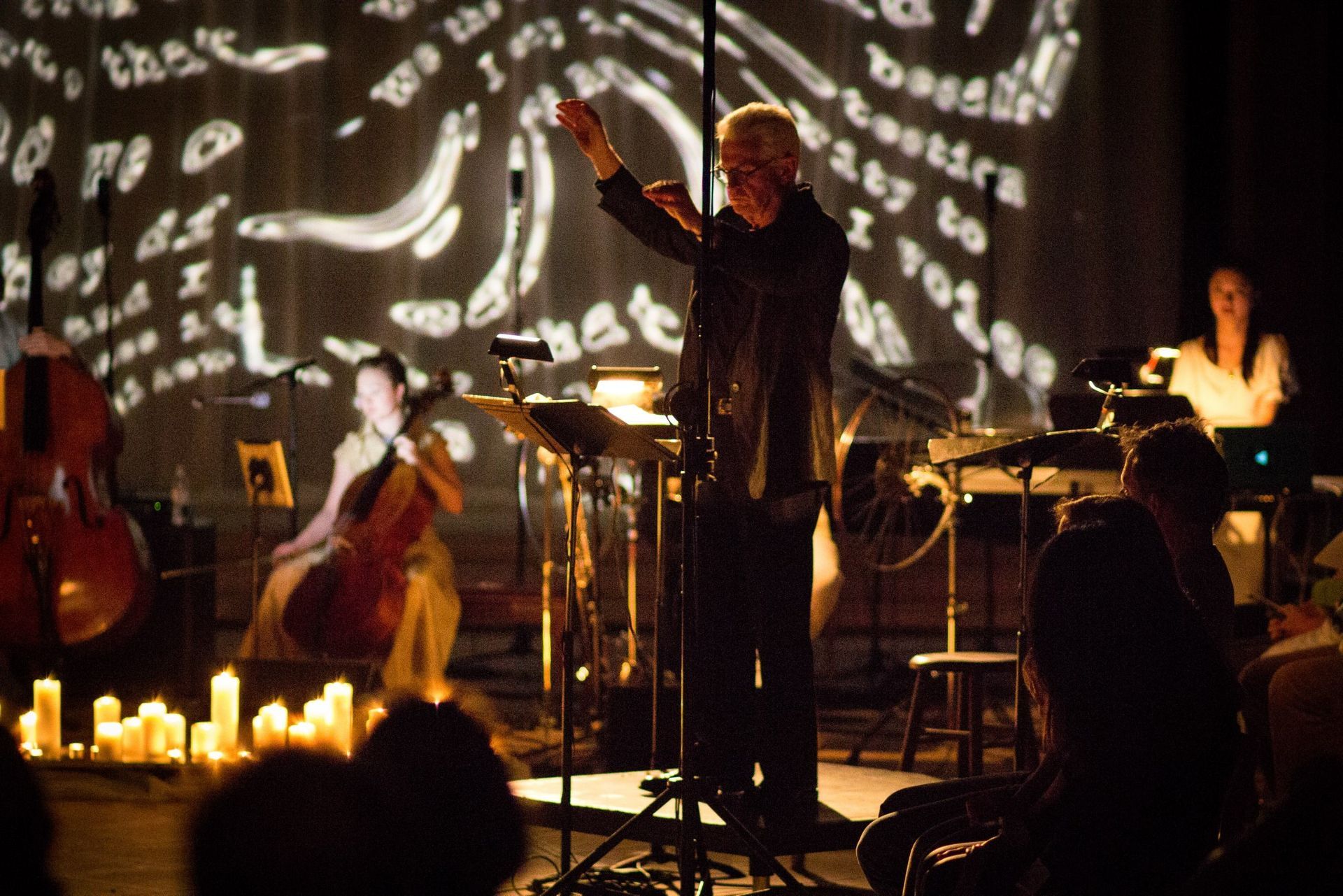 A man is standing in front of a microphone on a stage playing a musical instrument.