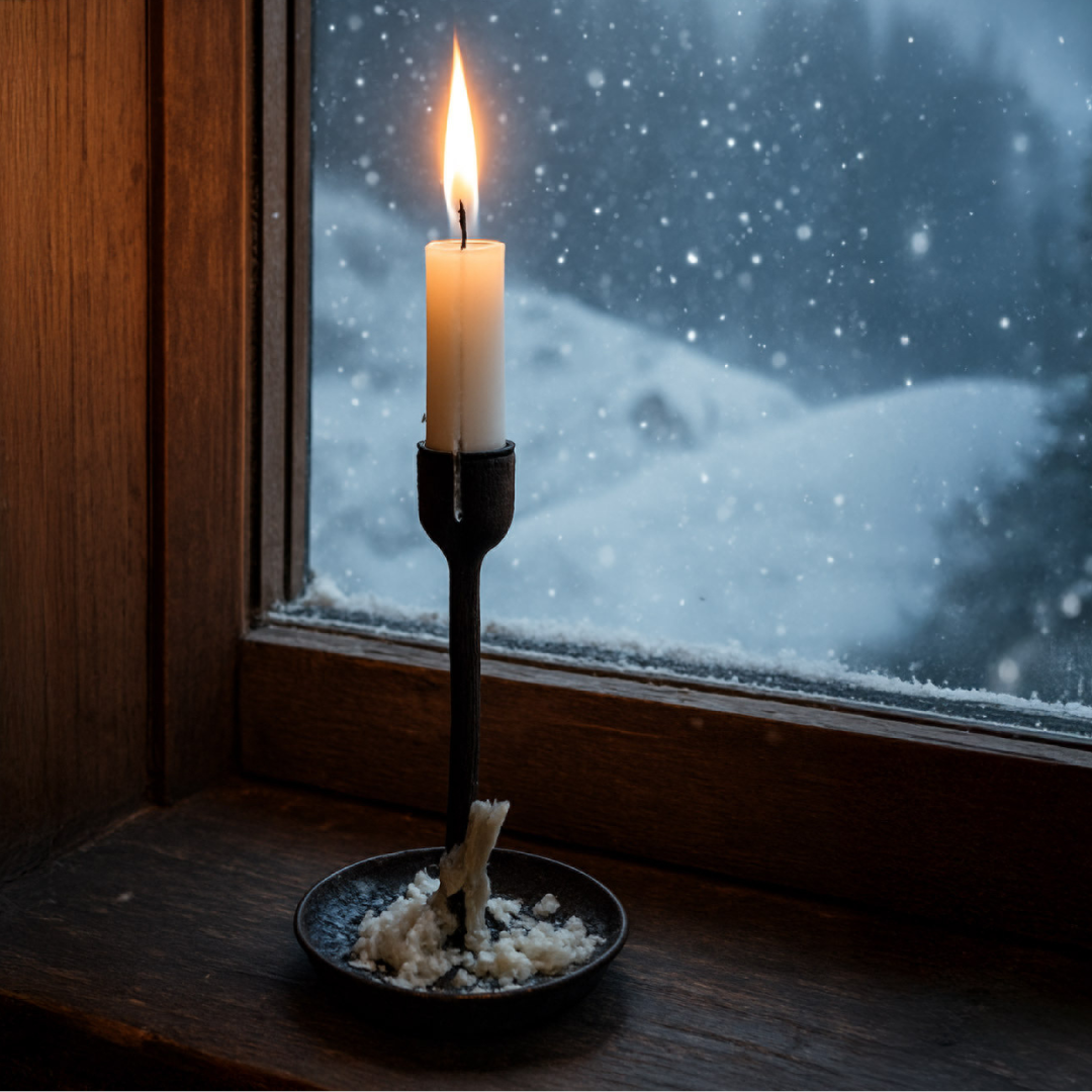 A lit candle in a black holder sits on a wooden windowsill, with a snowy mountain scene visible through the window.