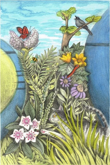 A painting of flowers and birds with a bird sitting on a tree branch.