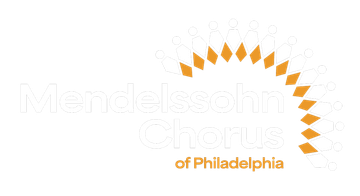Logo for the Mendelssohn Chorus of Philadelphia, with a stylized golden sun shape and text.