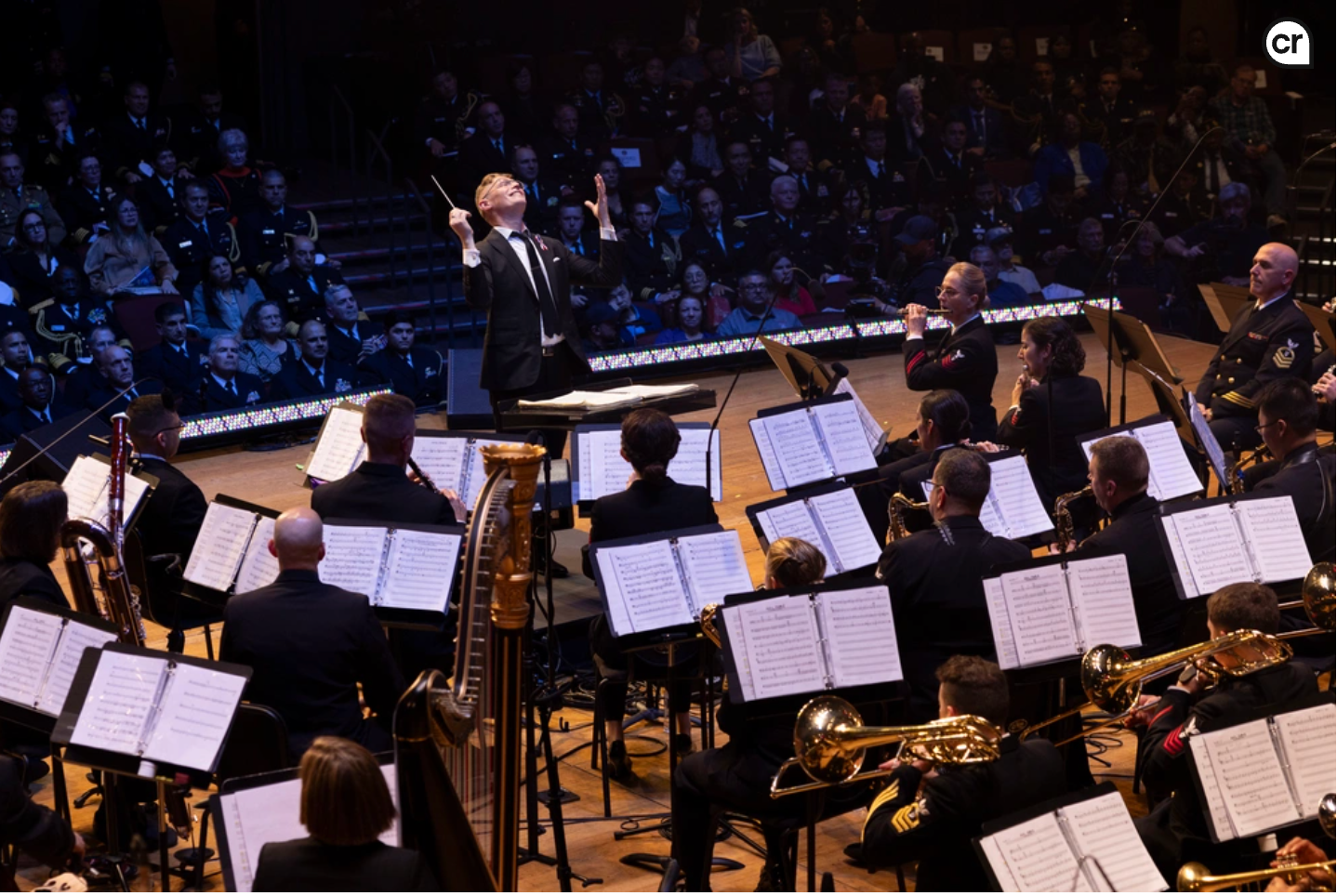 Orchestra conductor leading musicians on stage, performing for an audience.