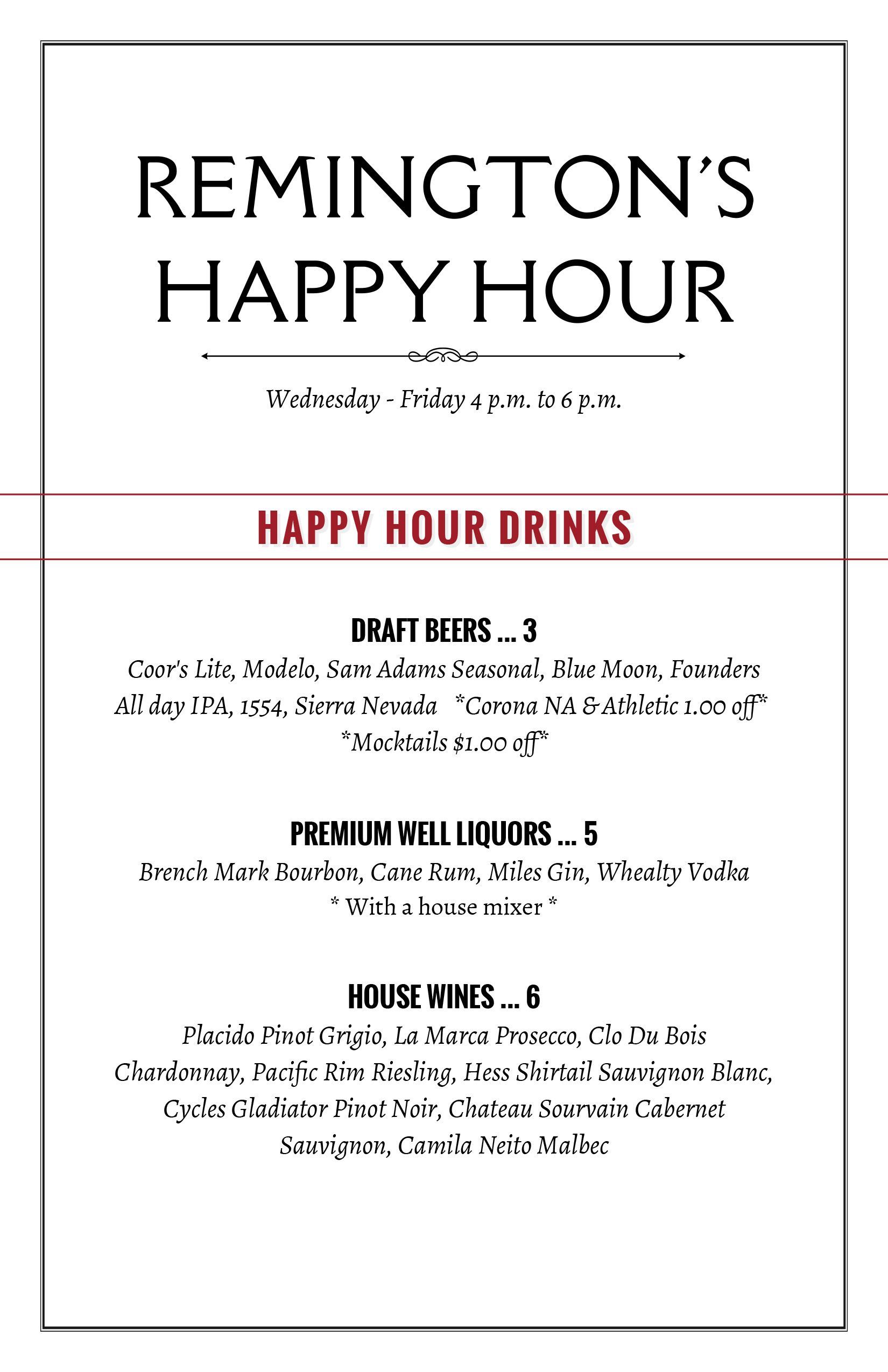 Remington's Happy Hour menu. Includes drink and snack options with prices listed.