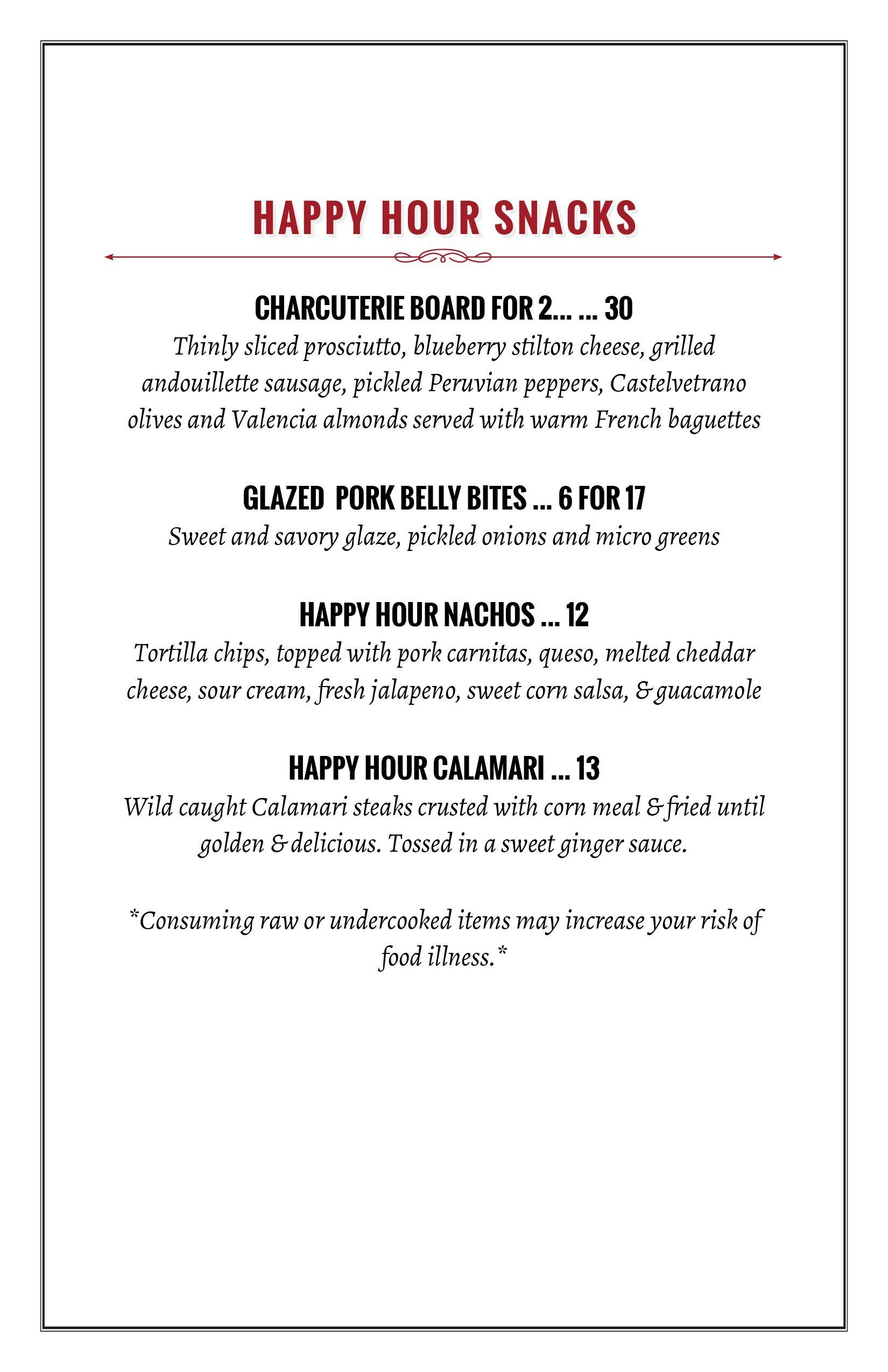 Remington's Happy Hour menu. Includes drink and snack options with prices listed.