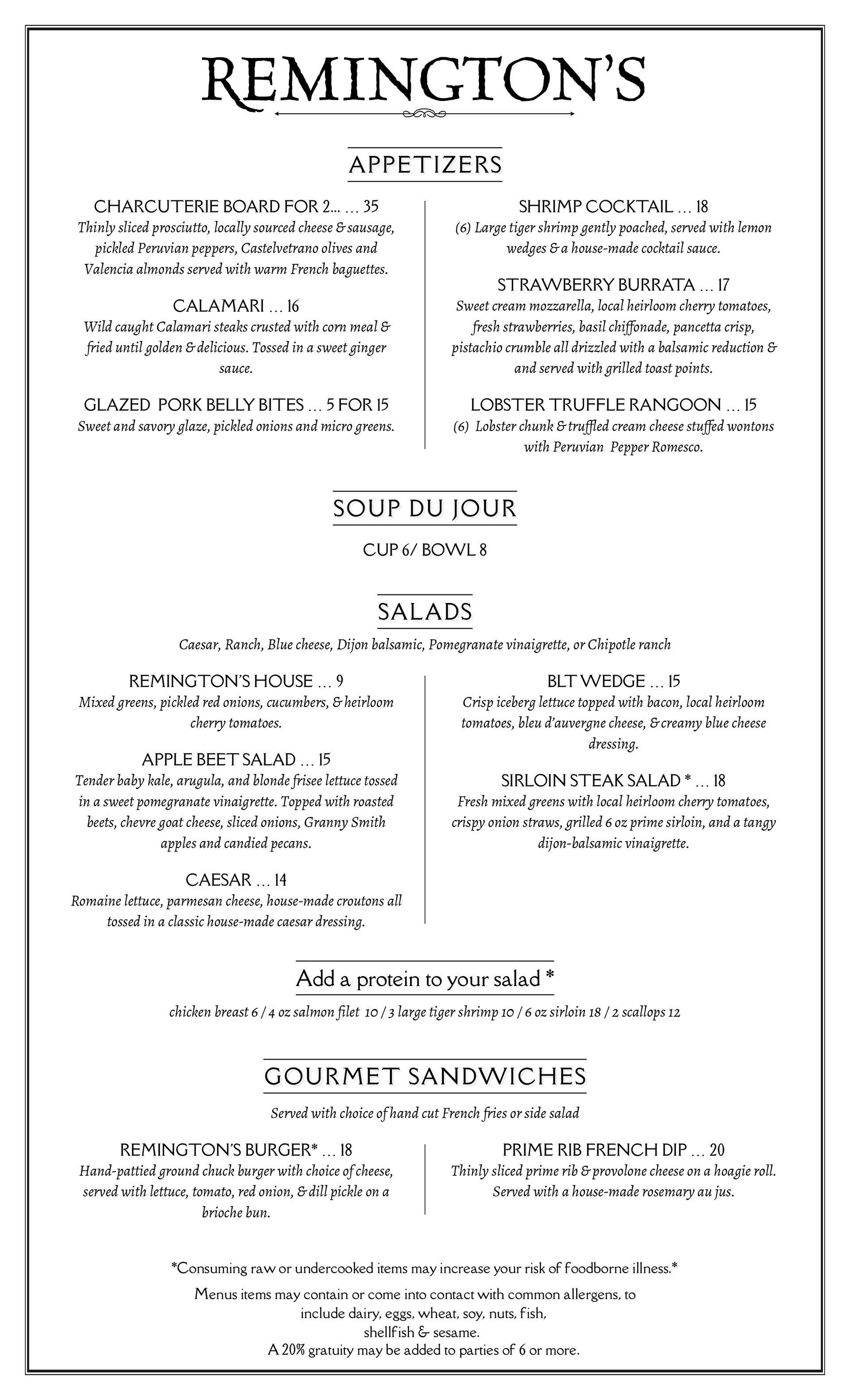 A menu for Remington's restaurant, listing appetizers, soups, salads, and gourmet sandwiches.