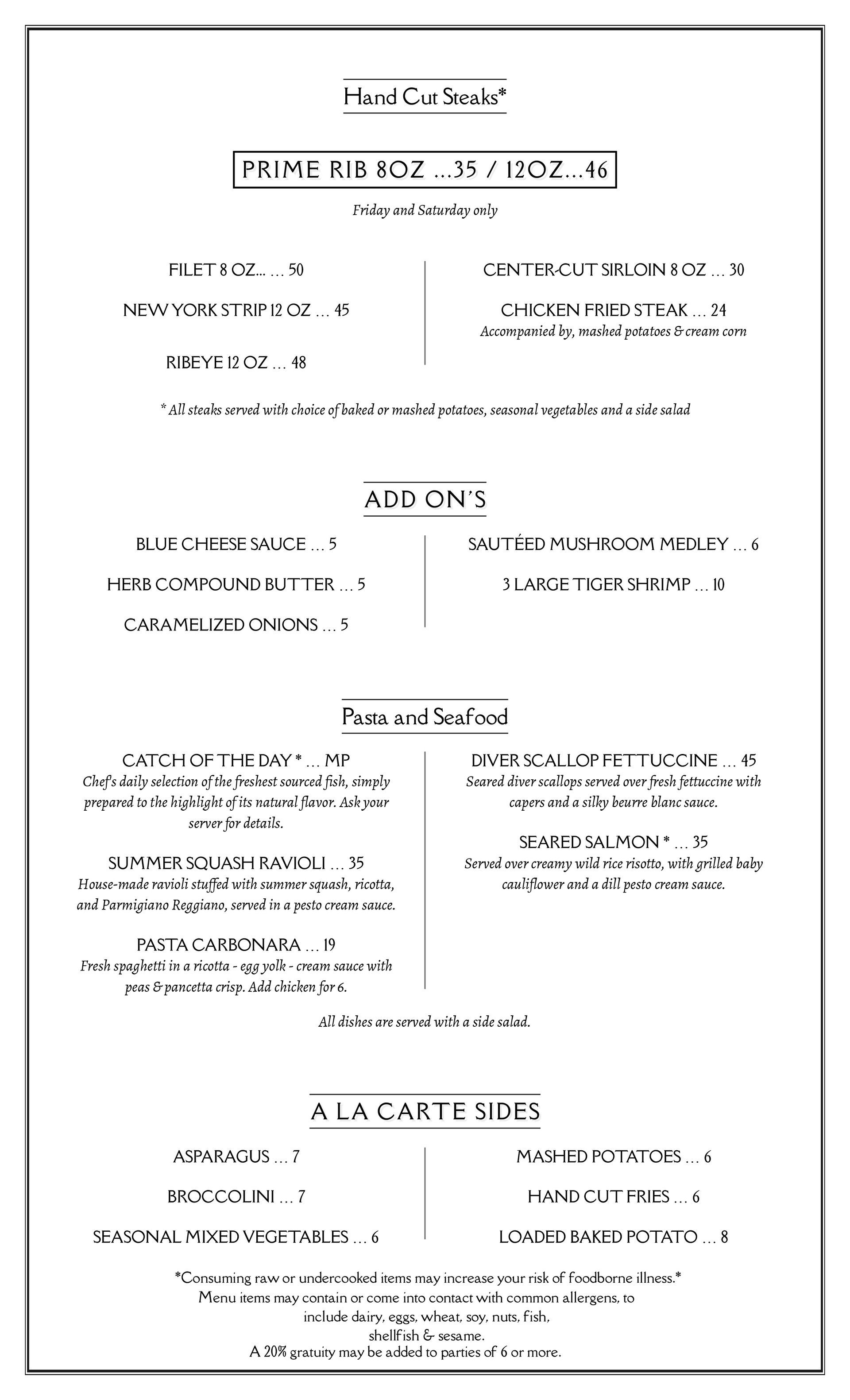 A menu for The Grand Hotel featuring sections for appetizers, entrees, pasta, seafood, and a la carte sides.