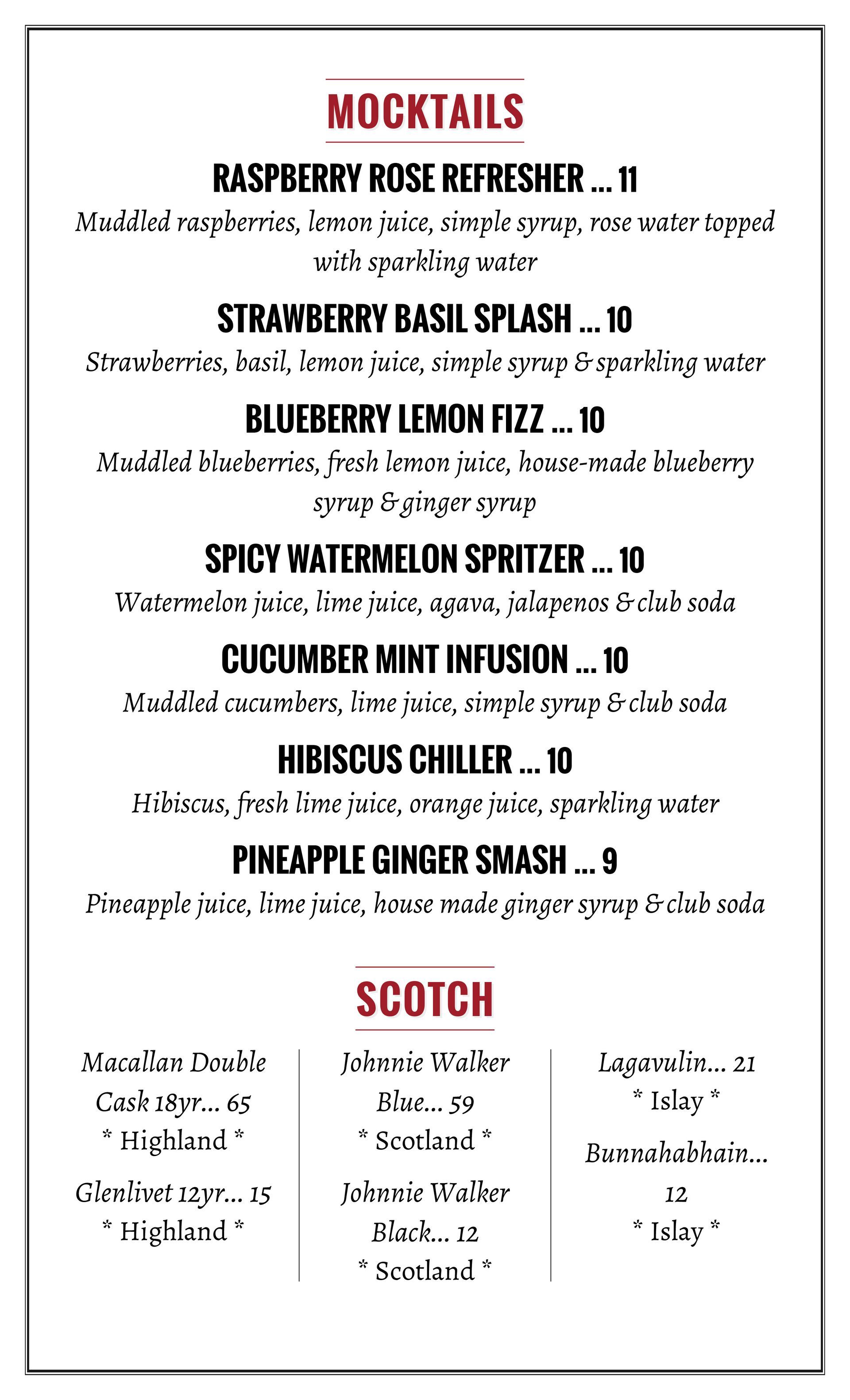 Menu showing a list of mocktails and a selection of Scotch whiskies with pricing and ingredient descriptions.