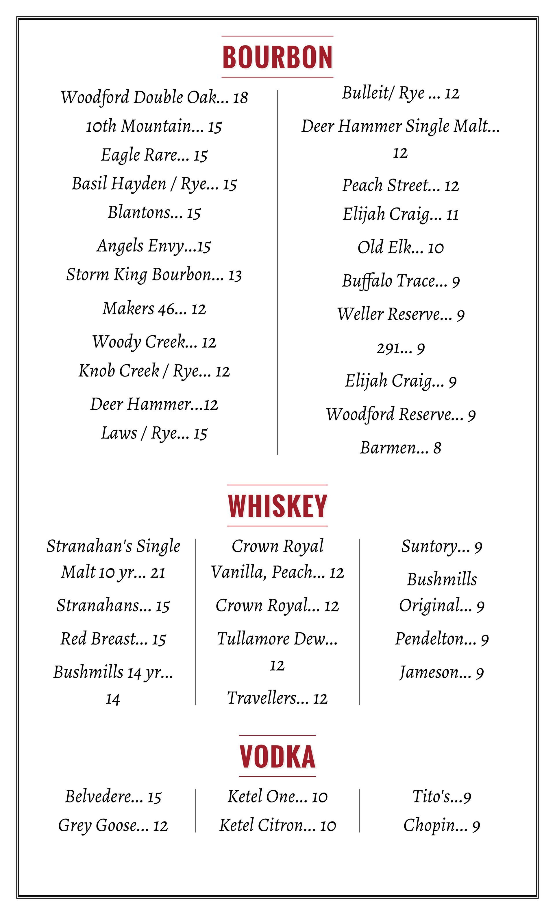 A menu list categorized by Bourbon, Whiskey, and Vodka, with specific drink brands and prices listed in columns.