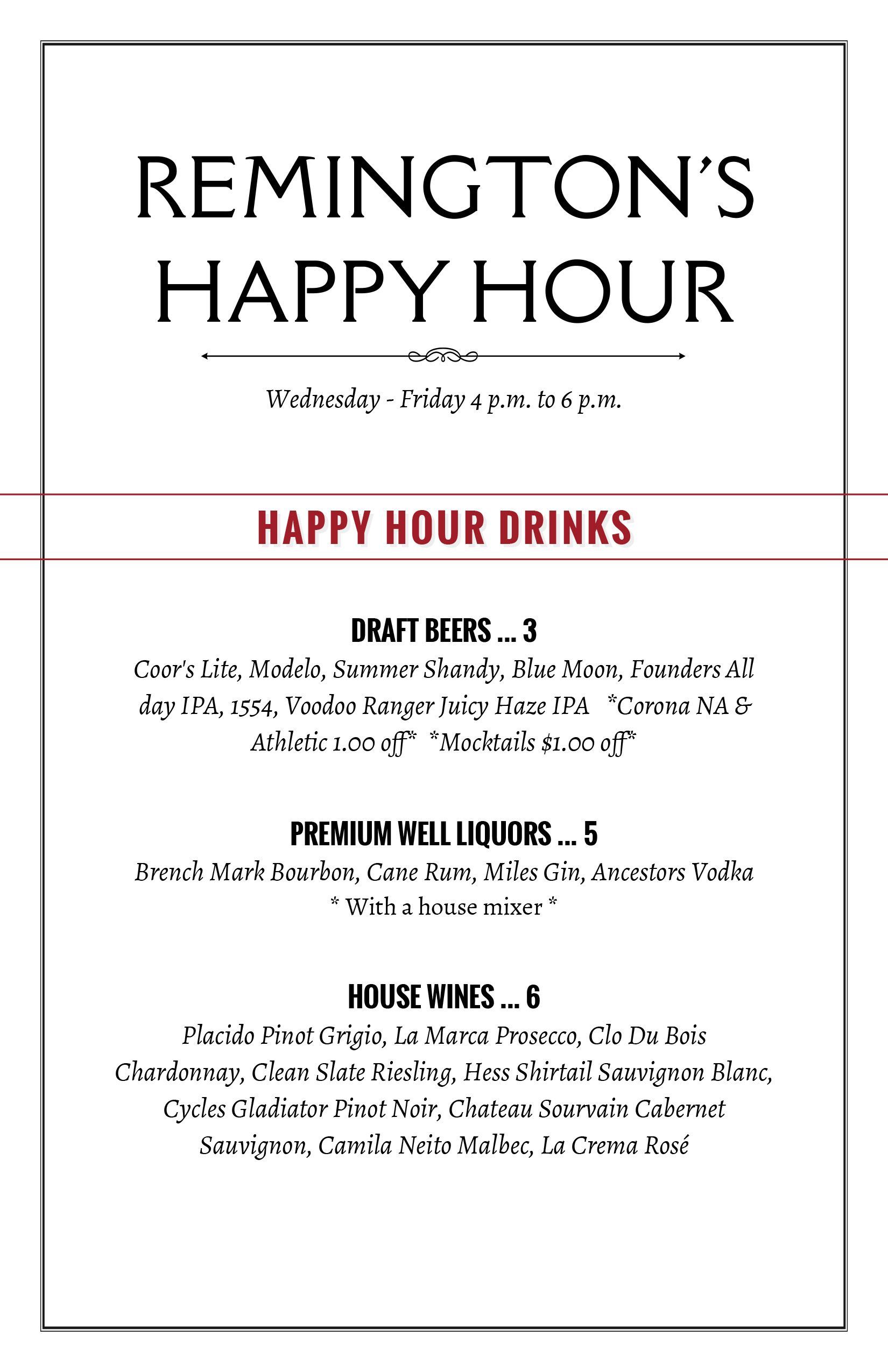 Remington's Happy Hour menu. Includes drink and snack options with prices listed.