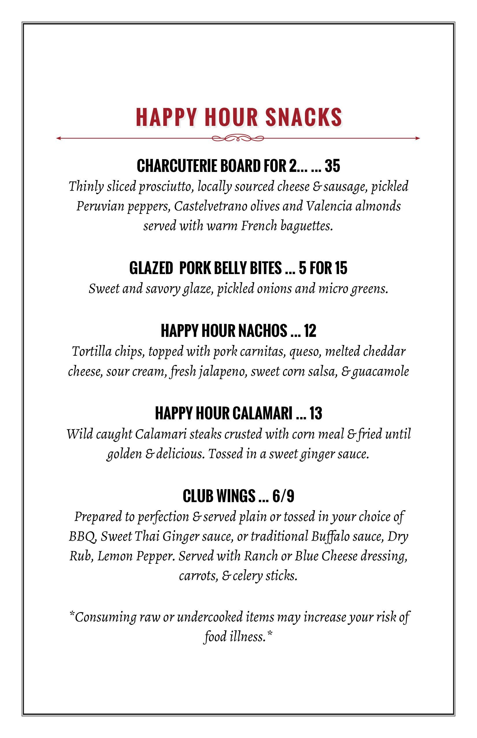 Remington's Happy Hour menu. Includes drink and snack options with prices listed.