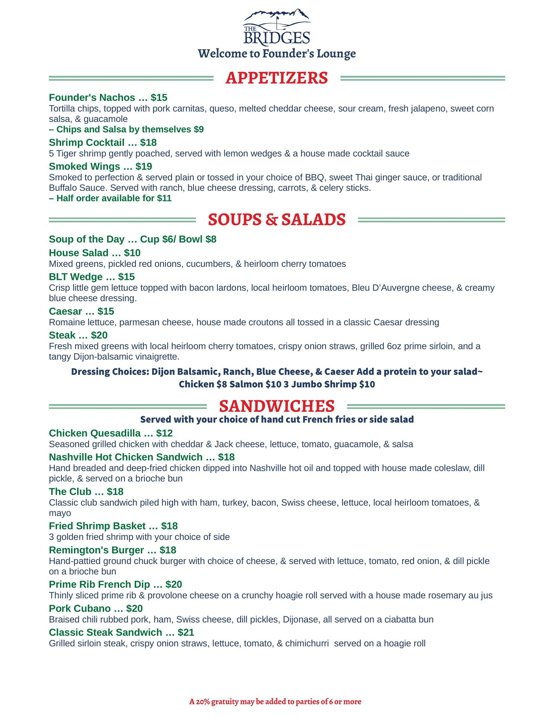 Menu from Bridges Lounge, featuring appetizers, soups, sandwiches, and salads.