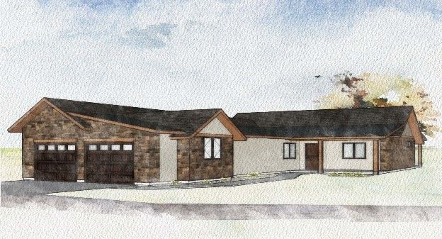 Watercolor rendering of a single-story house with a detached garage and brown roof, set on a grassy hill.