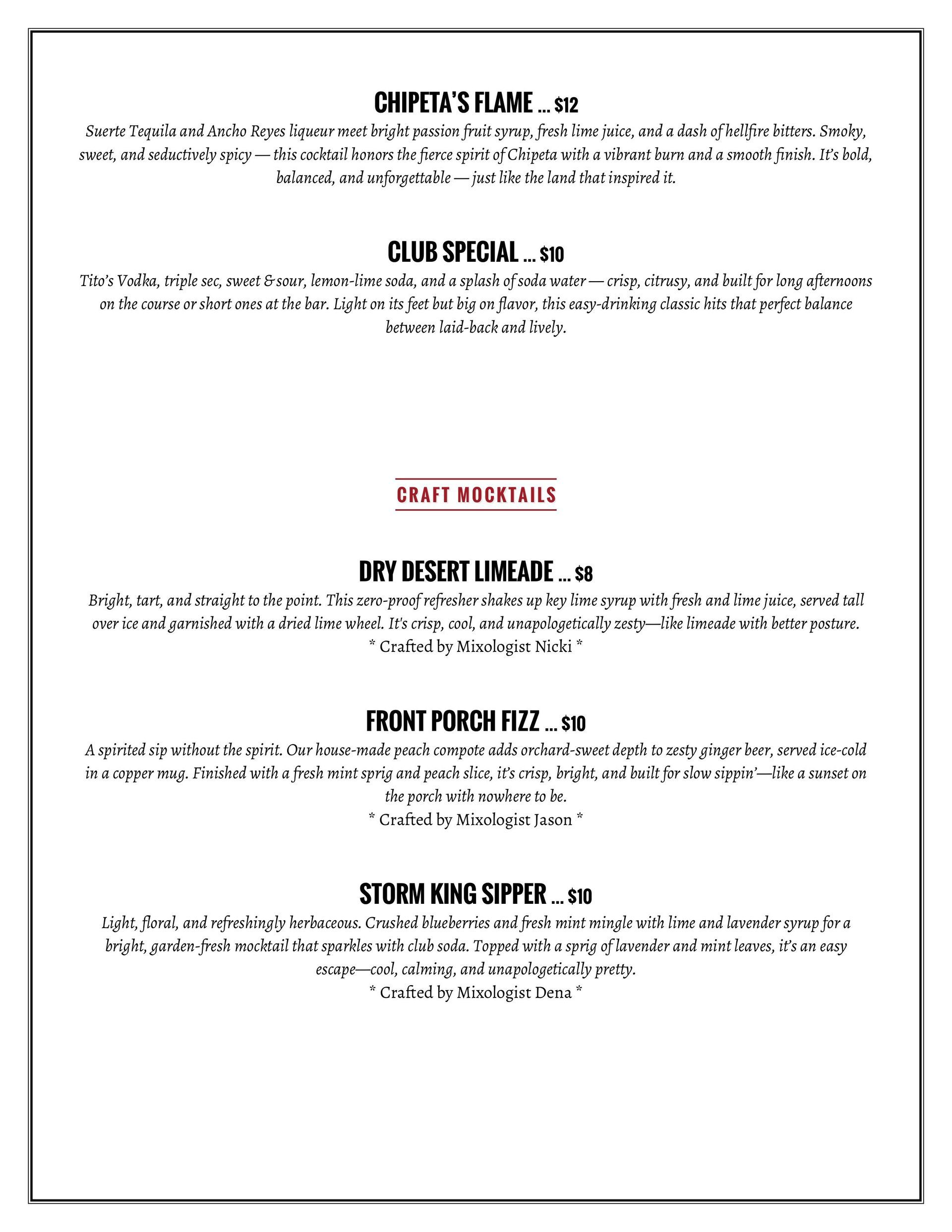 Cocktail menu with descriptions: Chipeta's Flame, Cedar Special, Dry Desert Lineage, Front Porch Fizz, Storm King Sipper.