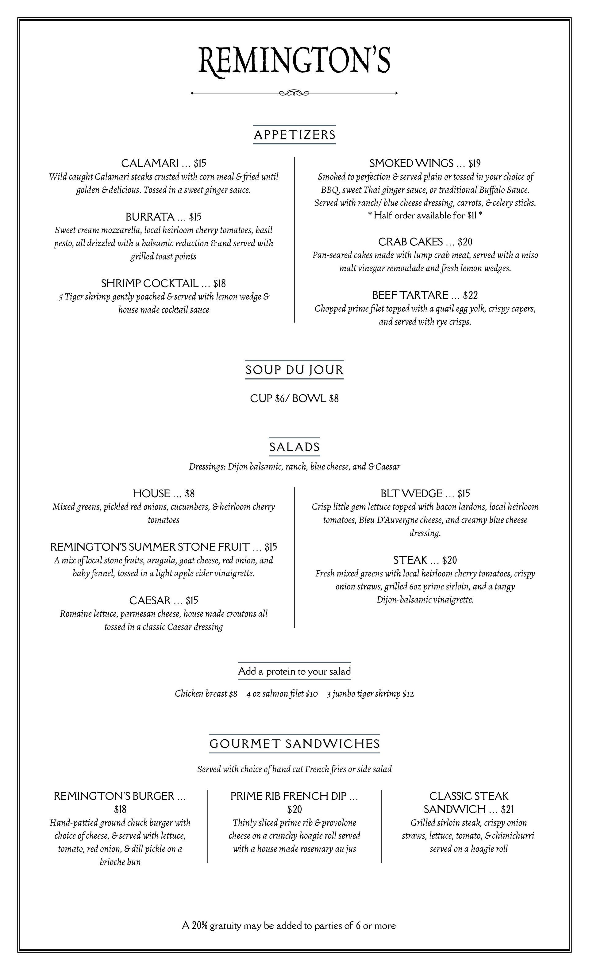 Menu from Remington's restaurant with appetizers, soups, salads, and gourmet sandwiches.