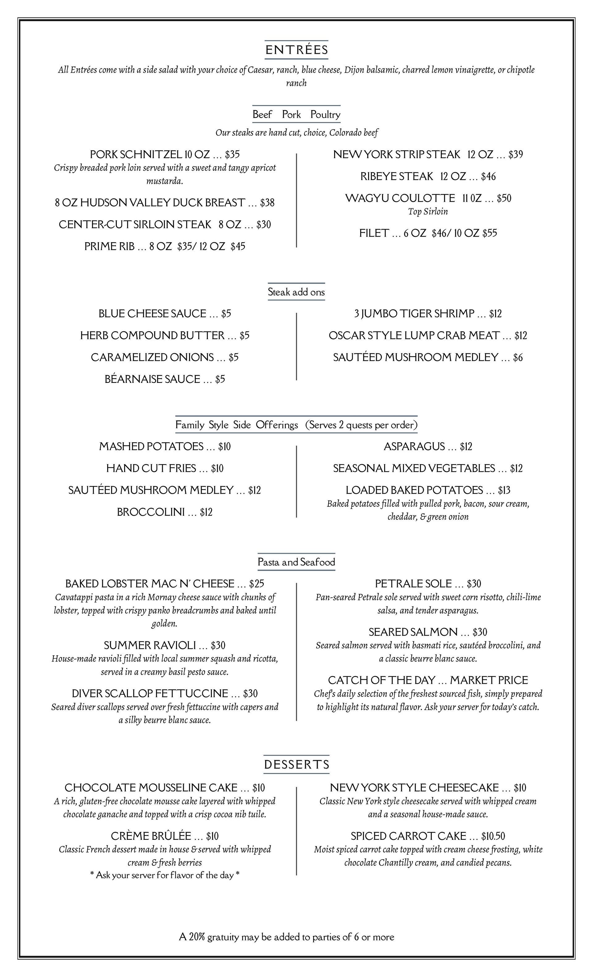 Menu with various food options, including appetizers, entrees, and desserts.