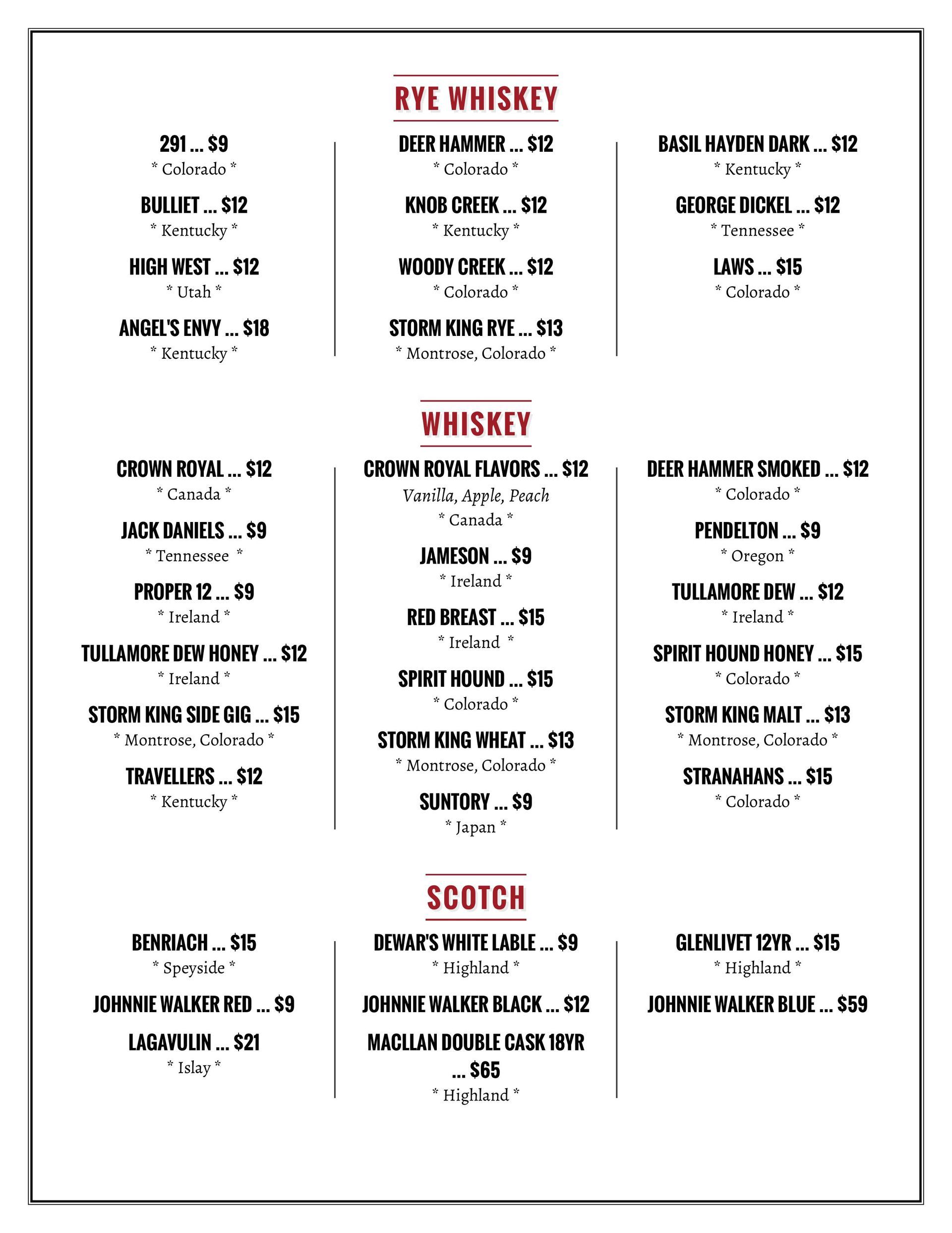 Whiskey menu with categories: Rye, Whiskey, Scotch. Brands, prices, & origins listed for each.