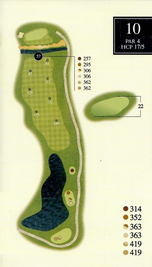 Golf hole map; green fairway with a water hazard, and a separate green to the right.