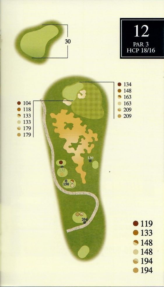 Golf course hole map with distances, a par 3, and a green.