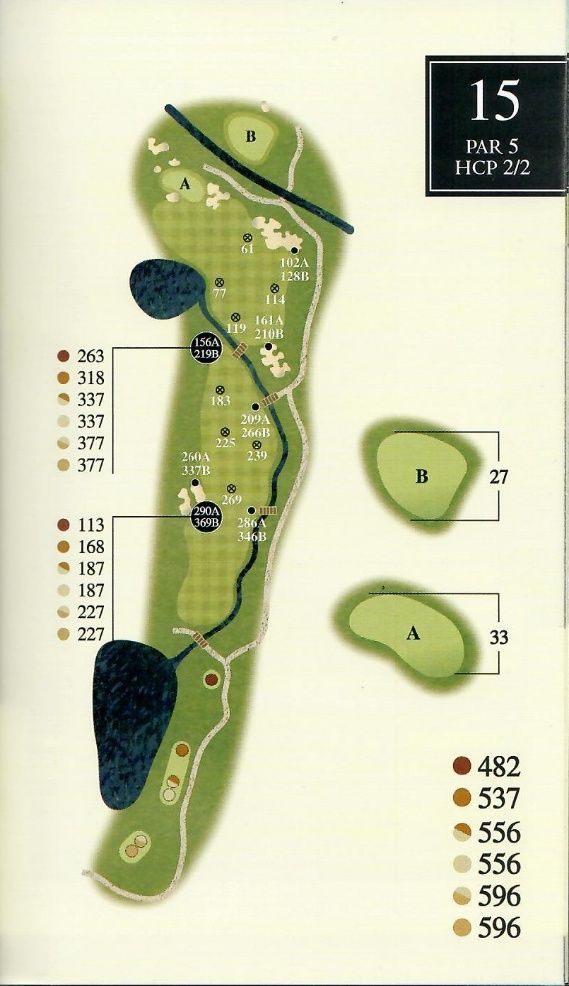 Golf course hole 15 layout; par 5, with water hazards, bunkers, and yardage markers.