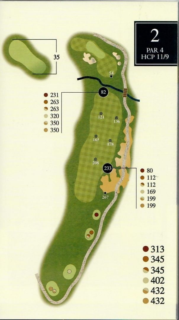 Golf hole map: Par 4 layout with distances, green, and hazards.
