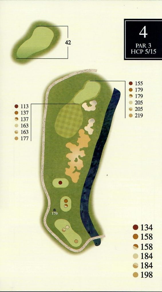 Golf course hole layout diagram. Hole 4, Par 3, shows a narrow green alongside water. Yardage markers indicated.