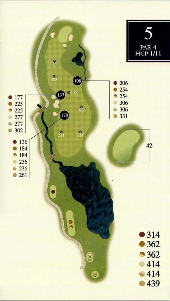 Golf course hole map with a par 4, showing the fairway, green, and hazards like water and bunkers. Yardage markers are present.