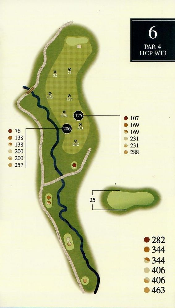 Golf course hole map; hole 6, Par 4, with yardage markers and fairway layout.