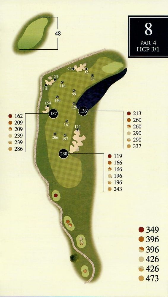 Golf course hole map with distances, a par 4, and hazard locations.