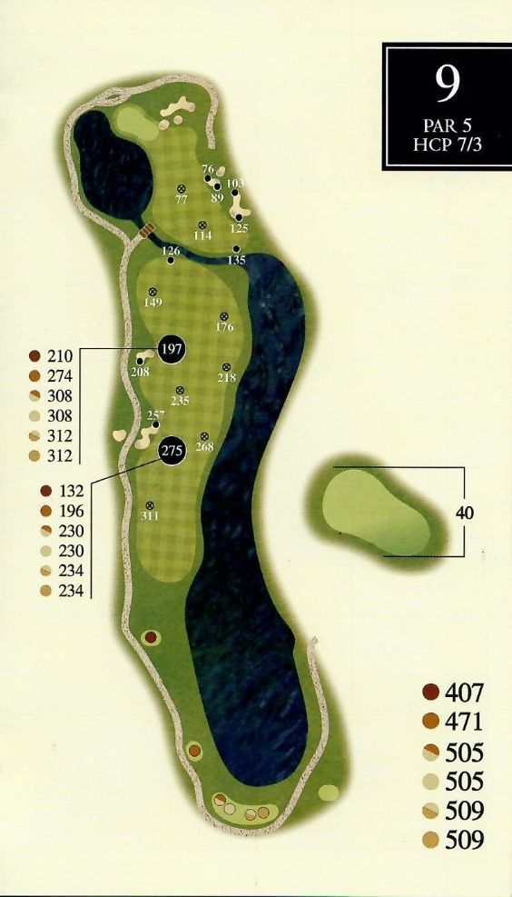 Golf course hole layout, number 9, with water hazard, yardage markers, and a green.