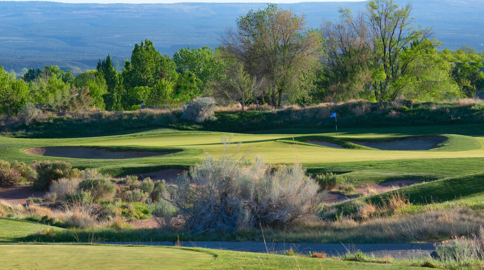 Golf course with green grass, bunkers, and trees under a blue sky.